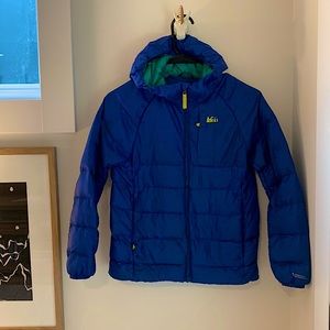 REI kids puffer jacket blue green MEDIUM m winter coat snow NICE warm